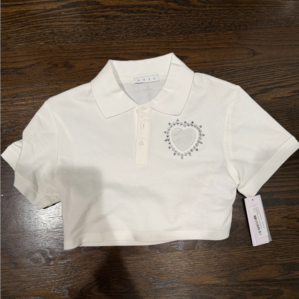 AREA White Polo Crop Top with Heart Embellishment